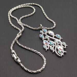 Vintage AB Rhinestone Pendant Necklace Rhodium Rope Chain Modernist 28in